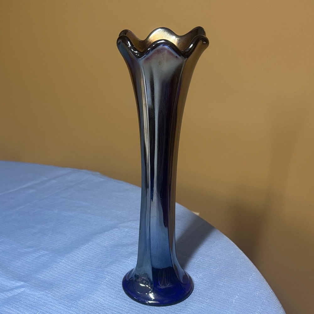Fenton Art Glass Swung Vase Panels Cobalt Blue Carnival Glass 10.75” tall